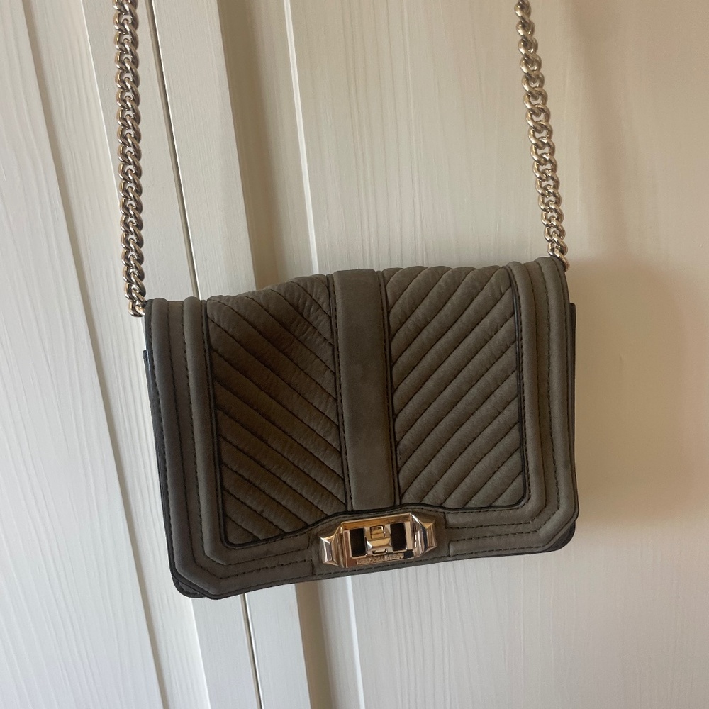 Rebecca Minkoff Love Crossbody Chevron Quilted Green Suede Chain Strap